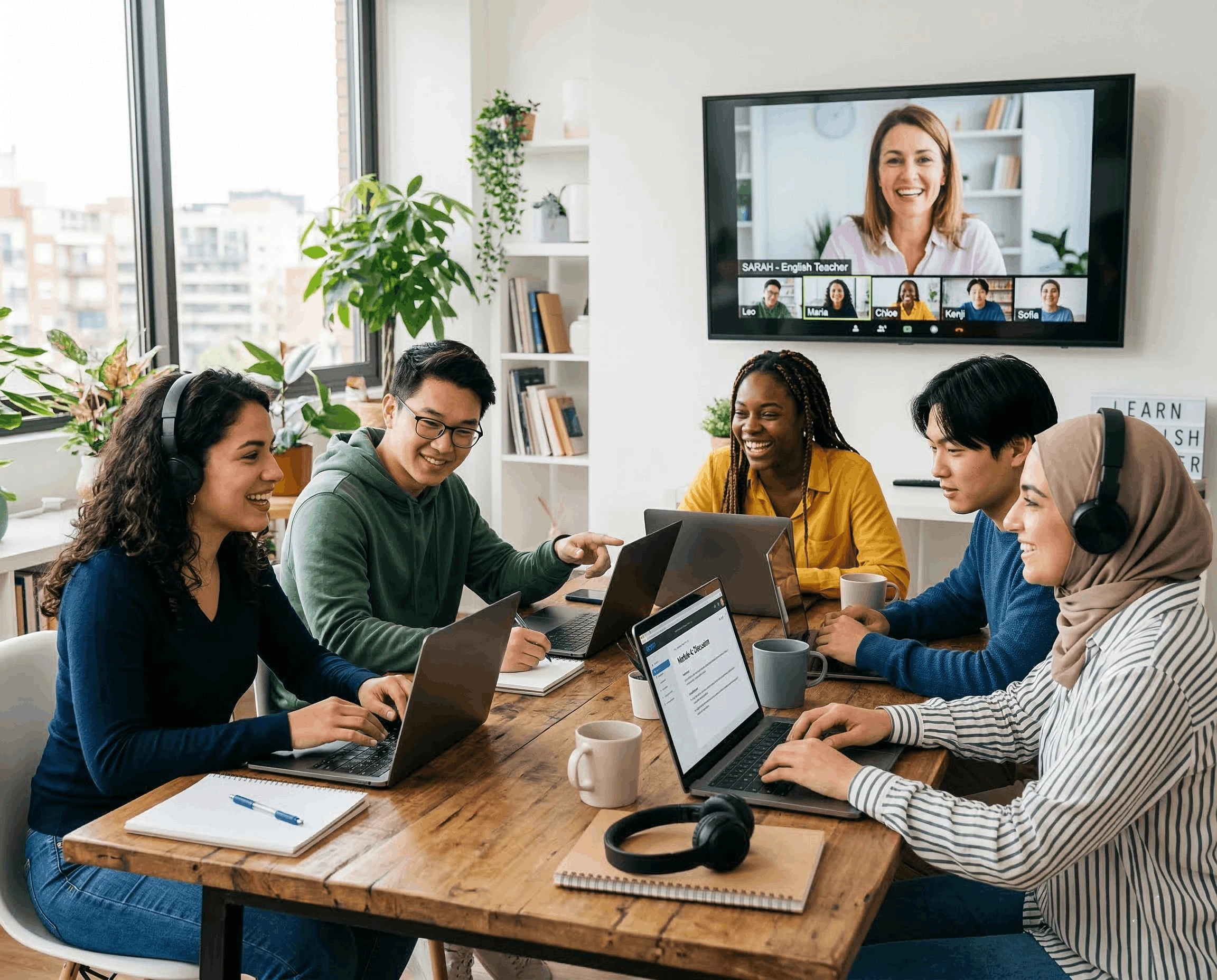 Grupo de alunos felizes participando de aulas intensivas de inglês online com professor internacional